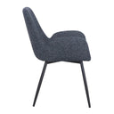 Blue upholstered dining chair with black legs 