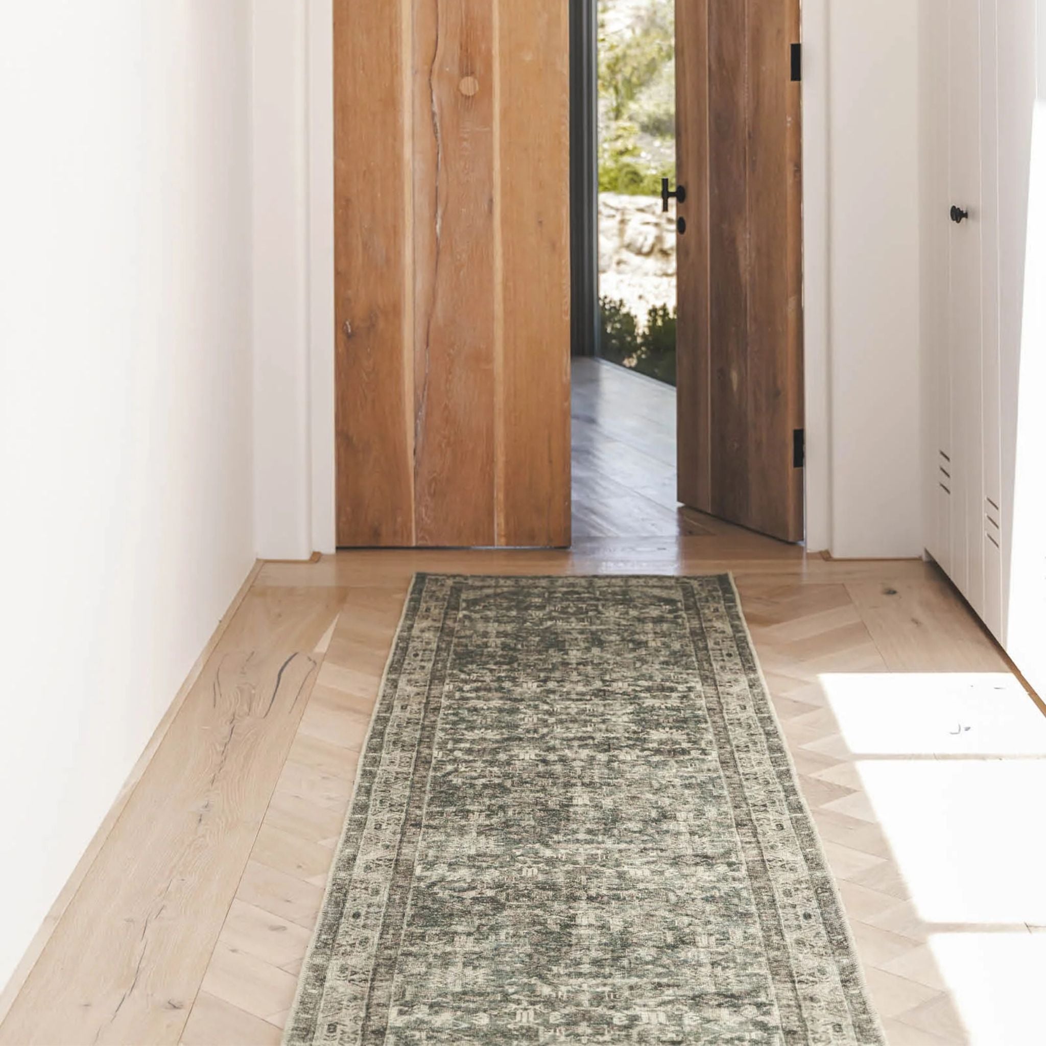 Marquis oxford runner rug in muted olive green and stone grey for  hallways and entrance