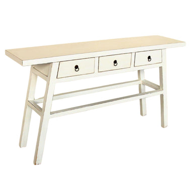 Side angle of the white solid elmwood console table highlighting its slender profile and traditional vintage hardware.
