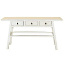 White Maya console table featuring a distressed finish and three functional drawers with brass ring pulls