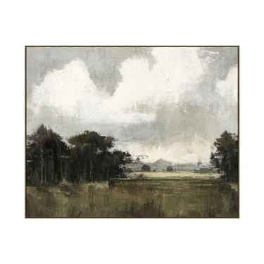 Framed artwork of a landscape with trees and clouds