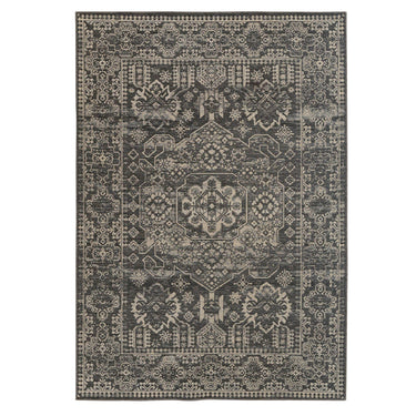 Memoir rug in ink Persian-inspired black and grey patterned rug in durable  jute and recycled polyester.