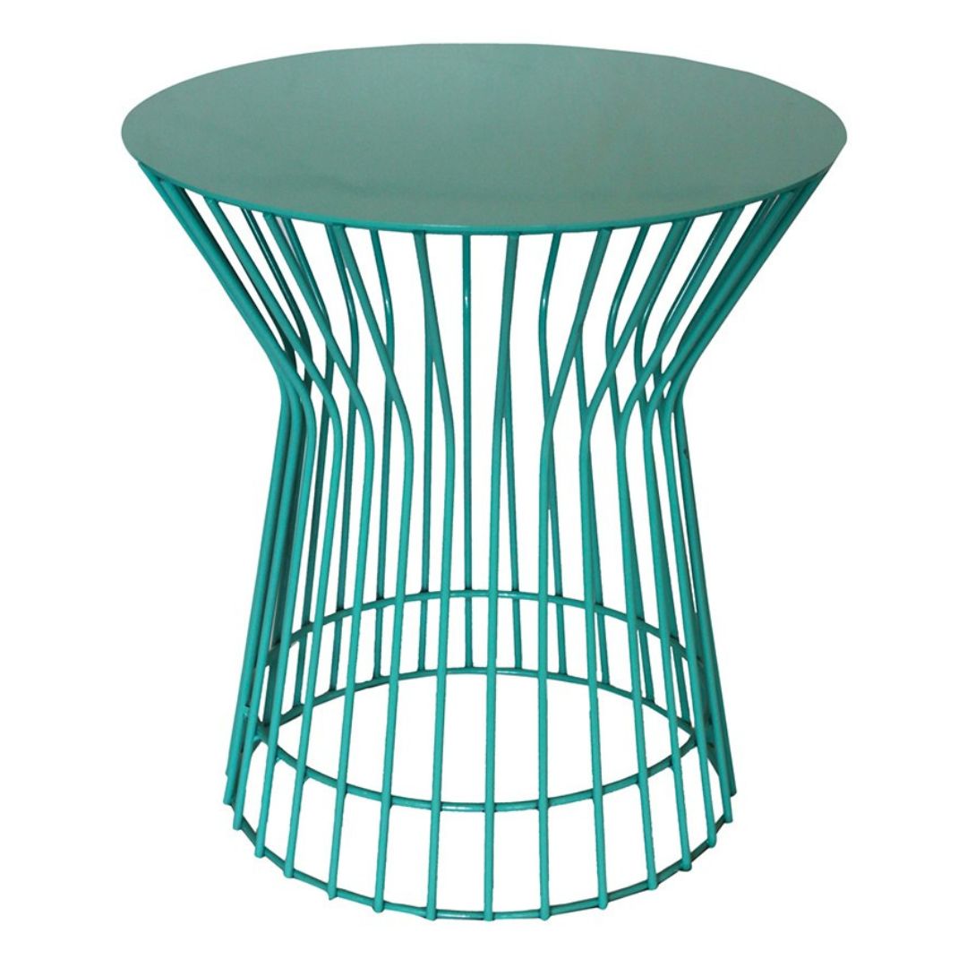 A modern, teal wire table with a round top and an open, vertical slat design, perfect for contemporary decor.