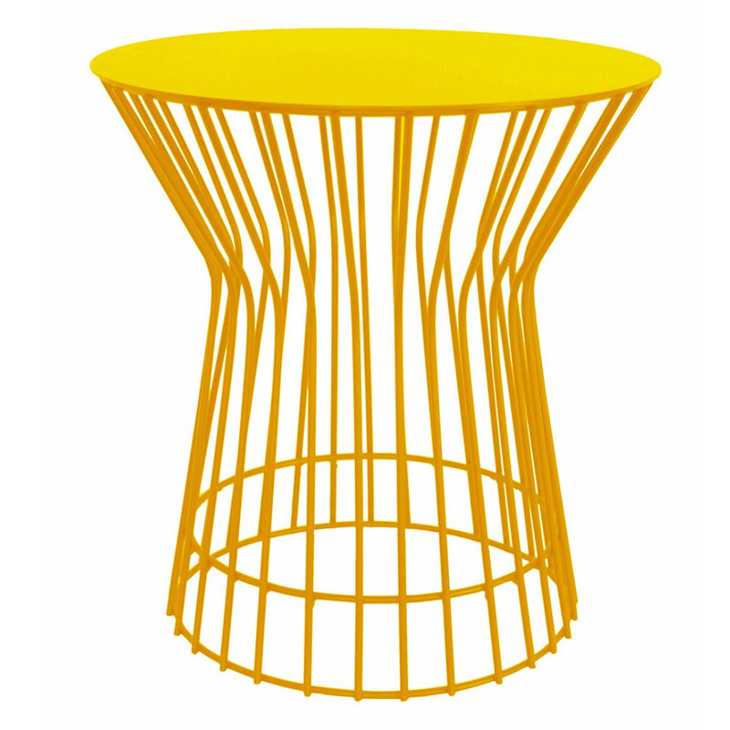 Bright yellow Marcel metal side table, modern hourglass design, perfect for bold living room decor by Woodka Interiors.