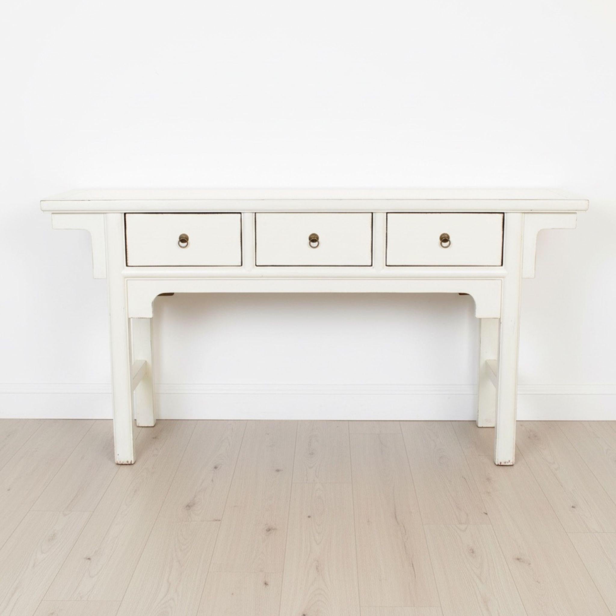 Ming console table with three functional drawers and traditional vintage brass ring pulls