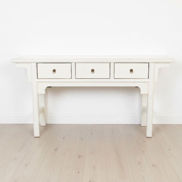 Ming console table with three functional drawers and traditional vintage brass ring pulls