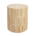 Cylindrical drum side table featuring a natural bamboo mosaic inlay with a sunburst top pattern.