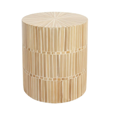 Cylindrical drum side table featuring a natural bamboo mosaic inlay with a sunburst top pattern.