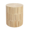 Cylindrical drum side table featuring a natural bamboo mosaic inlay with a sunburst top pattern.