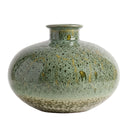Mottled green ceramic vase with a wide round shape and short flared neck, glazed in layered shades of green