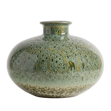Mottled green ceramic vase with a wide round shape and short flared neck, glazed in layered shades of green
