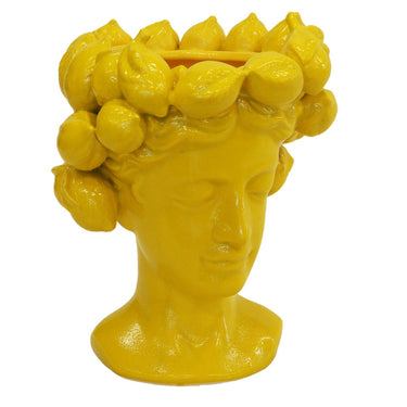 Yellow ceramic lemon head vase with glossy finish and sculpted lady face design, featuring a wreath of ceramic lemons