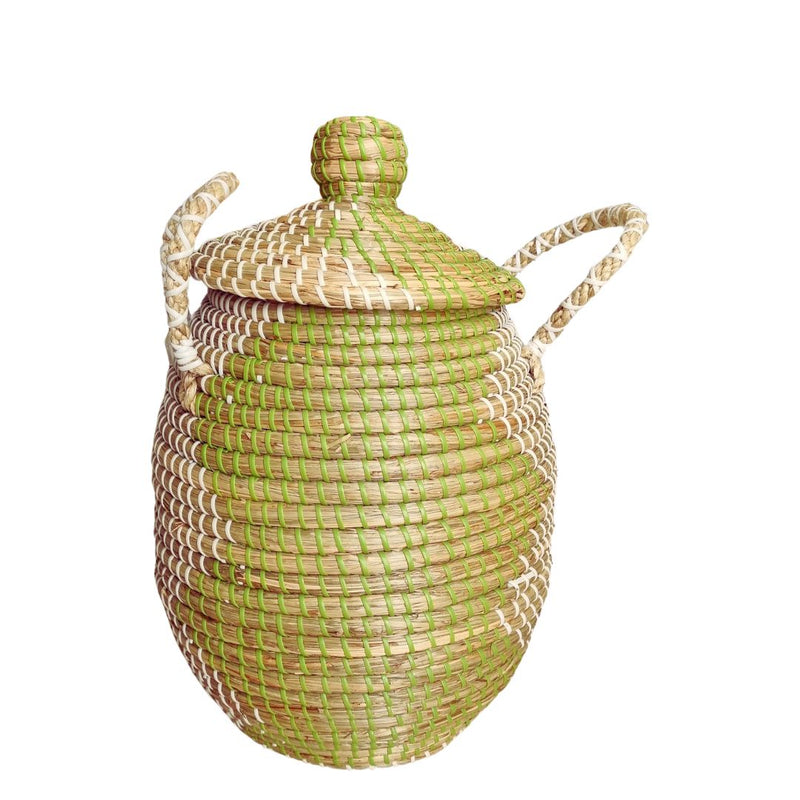 Natural seagrass woven basket with green accents, handles and a fitted lid