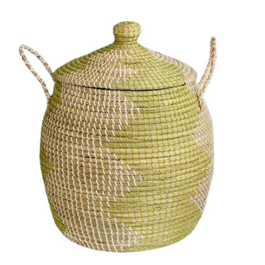 Natural Weaved Lidded Basket Green