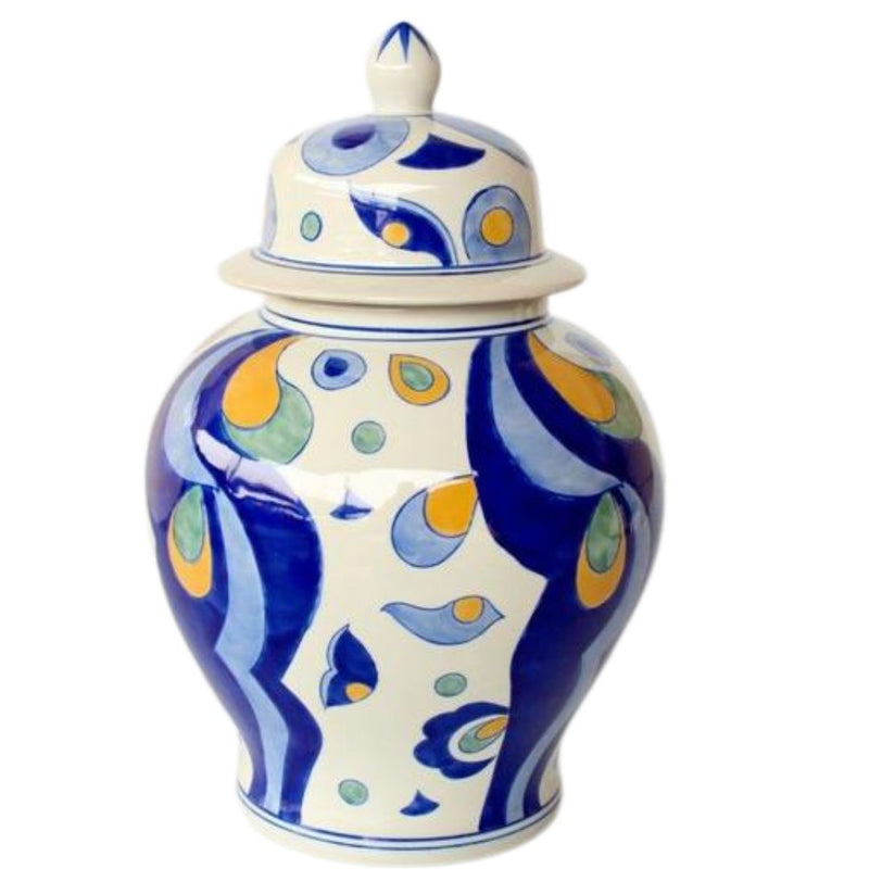 A navy and yellow ceramic ginger jar with a floral pattern and a lid.