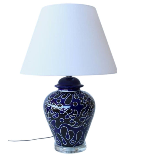 ceramic table lamp in navy blue splat motif