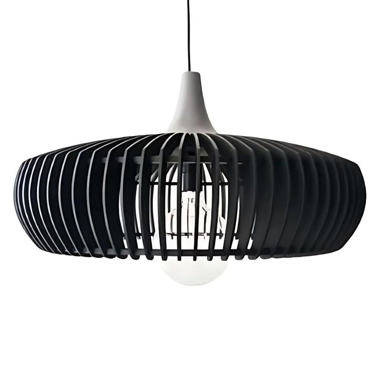 Concrete and wood dome pendant with black cord.