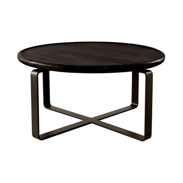 Dark wooden coffee table with metal legs on a white background