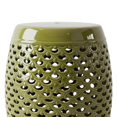 Detailed close-up of the intricate openwork design and dark green glaze on the ceramic stool.