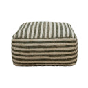 Paralla square ottoman in handwoven wool and jute with neutral beige and green stripes.