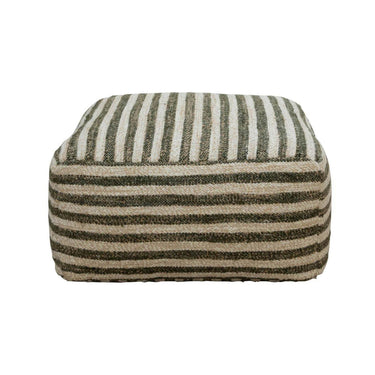 Paralla square ottoman in handwoven wool and jute with neutral beige and green stripes.