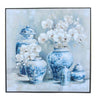 Porcelain Blooms wall art featuring blue and white ginger jars with orchid stems