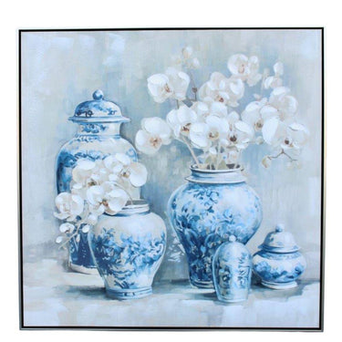 Porcelain Blooms wall art featuring blue and white ginger jars with orchid stems