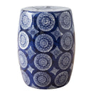 Blue and white ceramic stool with intricate medallion pattern.