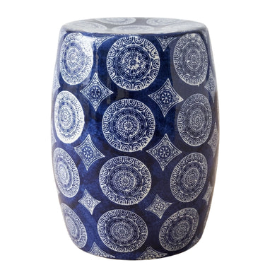 Blue and white ceramic stool with intricate medallion pattern.