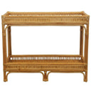 A two-tier rattan console table with a natural light brown finish, featuring open slatted shelves