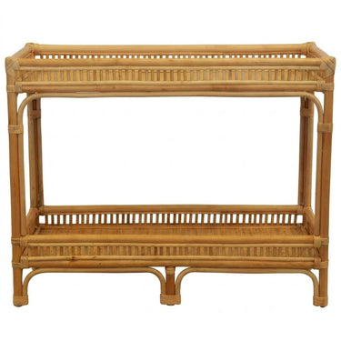 A two-tier rattan console table with a natural light brown finish, featuring open slatted shelves
