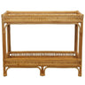 A two-tier rattan console table with a natural light brown finish, featuring open slatted shelves