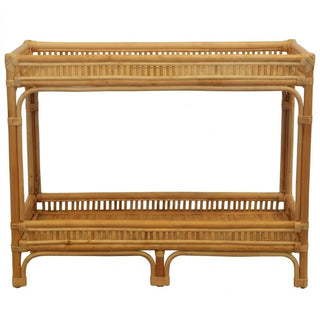 A two-tier rattan console table with a natural light brown finish, featuring open slatted shelves
