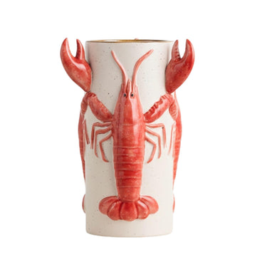 Red crayfish vase with sculpted detail wrapping around a speckled ceramic base