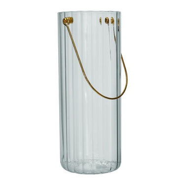 Ribbed clear glass vase with metal handle used as candle holder or vase