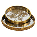 Round gold mirror tray set with tree print and handles