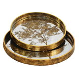 Round gold mirror tray set with tree print and handles