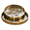 Round gold mirror tray set with tree print and handles