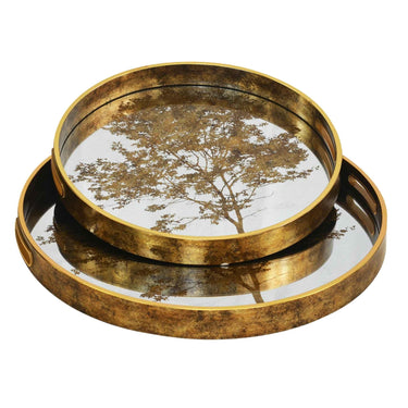 Round gold mirror tray set with tree print and handles