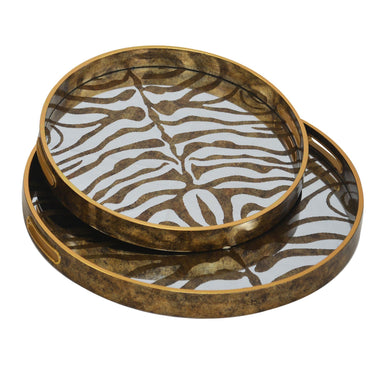 Round Gold Mirror Tray Set with tree print and handles