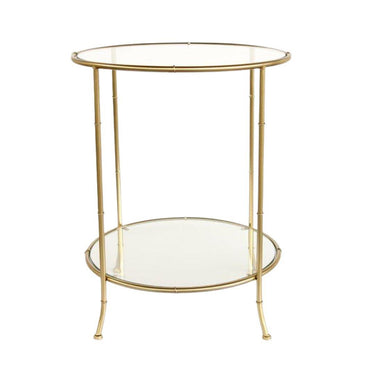Round gold side table with two glass shelves