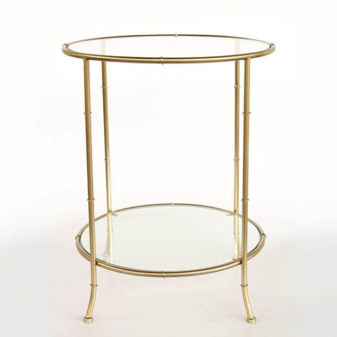 Two tier gold side table with clear glass top and bottom