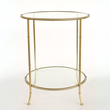 Two tier gold side table with clear glass top and bottom