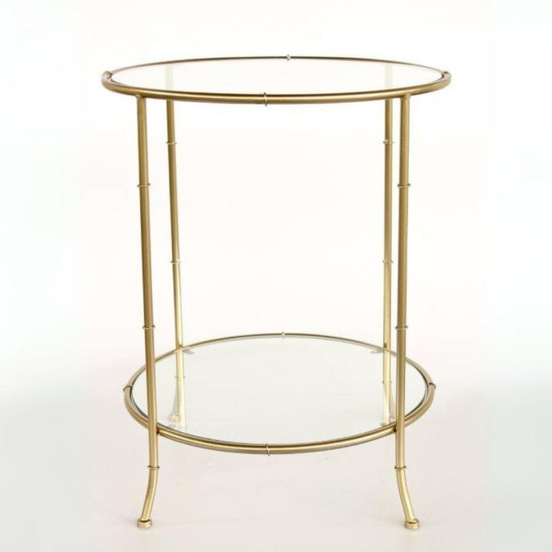 Two tier gold side table with clear glass top and bottom