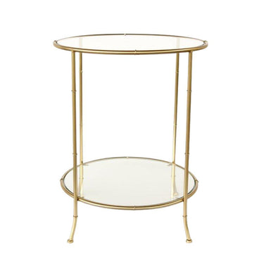 Gold side table with glass top and shelf