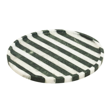 Round marble vanity tray in green and white striped marble