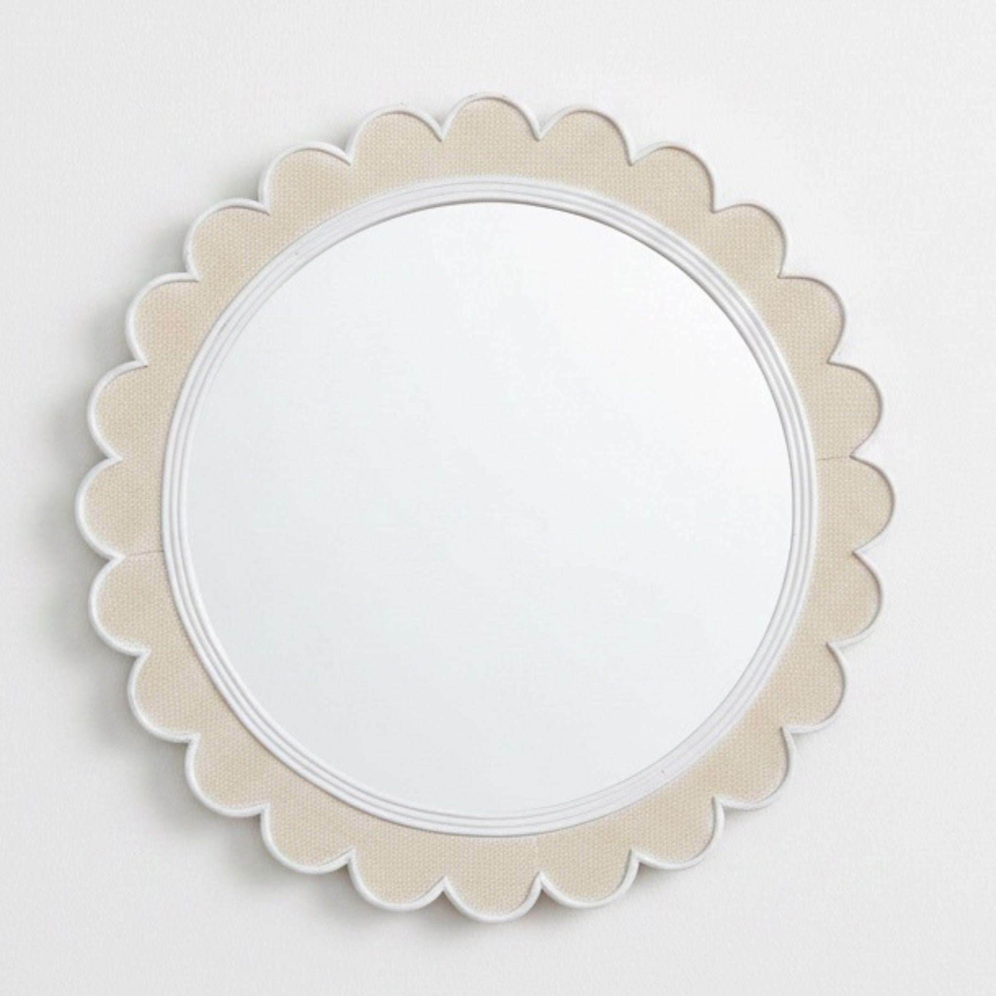 Round scalloped wall mirror with whitewashed wooden frame