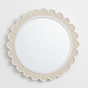 Round scalloped wall mirror with whitewashed wooden frame