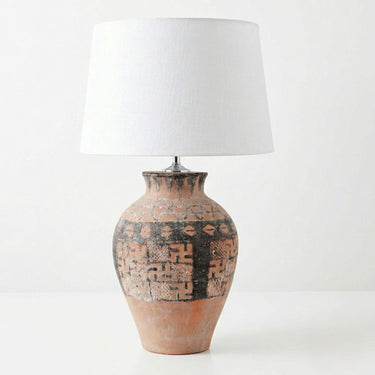 74cm terracotta urn tribal table lamp with white linen drum shade
