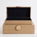 Raffia storage box set with wood knob lids in natural tone and protective black lining inner.